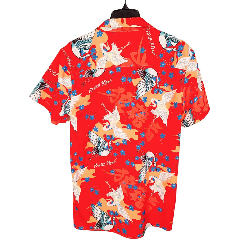 Reason Brand Men's Button-Up Short-Sleeved Shirt Asian/Crane Scene - Picture 2 of 4